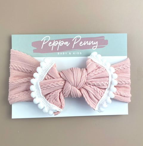Stretchy Headband Bow - Pink White Trim - Peppa Penny