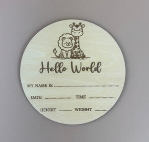 Hello World - Baby Safari - Birth Plaque - Luma Light