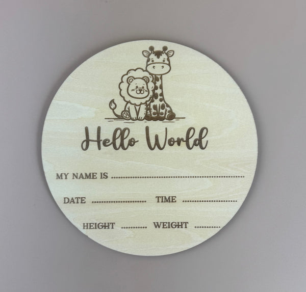 Hello World - Baby Safari - Birth Plaque - Luma Light