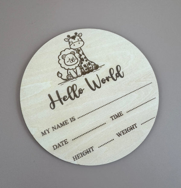 Hello World - Baby Safari - Birth Plaque - Luma Light