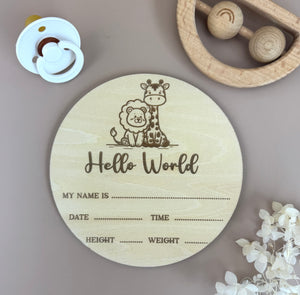 Hello World - Baby Safari - Birth Plaque - Luma Light