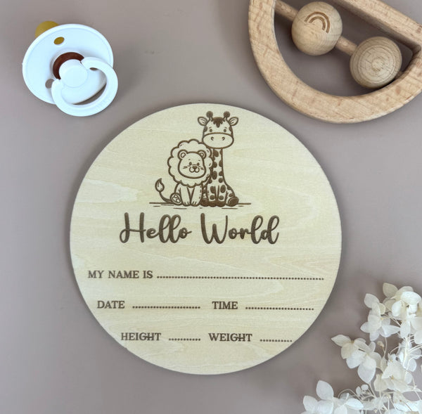 Hello World - Baby Safari - Birth Plaque - Luma Light