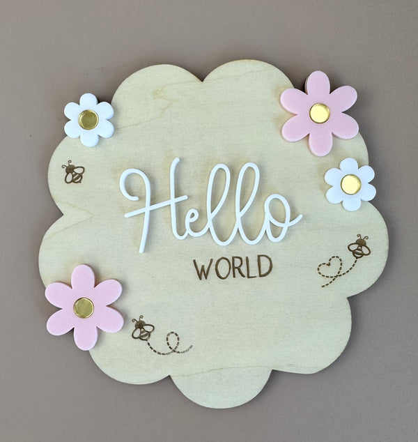 Hello World - Flower Bees - Birth Announcement Plaque - Luma Light