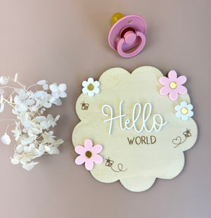 Hello World - Flower Bees - Birth Announcement Plaque - Luma Light