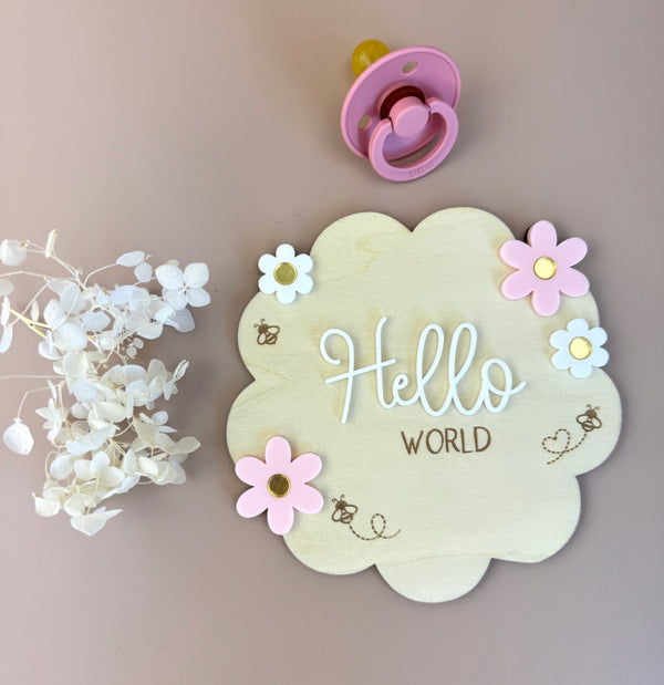 Hello World - Flower Bees - Birth Announcement Plaque - Luma Light