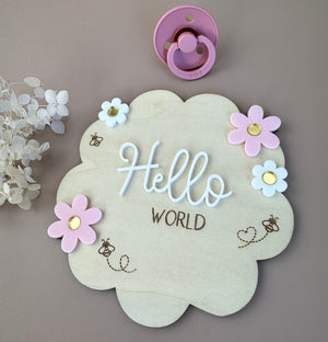 Hello World - Flower Bees - Birth Announcement Plaque - Luma Light
