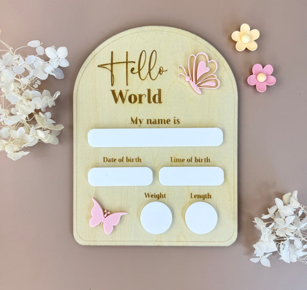 Birth Plaque - Hello World - Butterflies - Luma Light