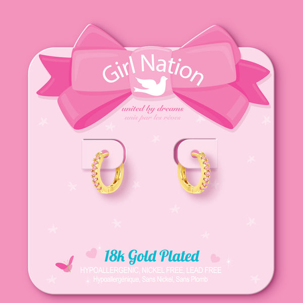 18K Gold Plated Huggie Earrings w/ Pink Cz - Girl Nation