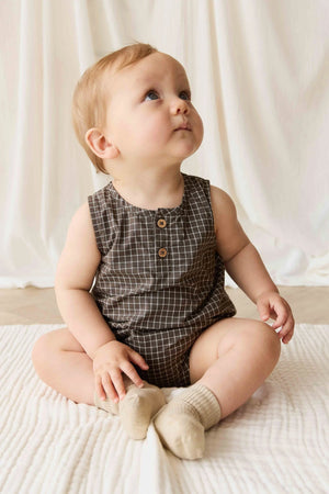 Organic Cotton Archie Playsuit - Coffee Grid - Jamie Kay