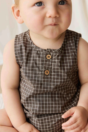Organic Cotton Archie Playsuit - Coffee Grid - Jamie Kay