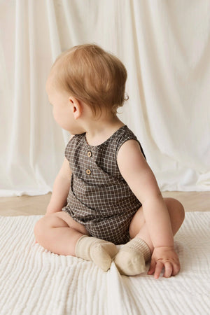 Organic Cotton Archie Playsuit - Coffee Grid - Jamie Kay
