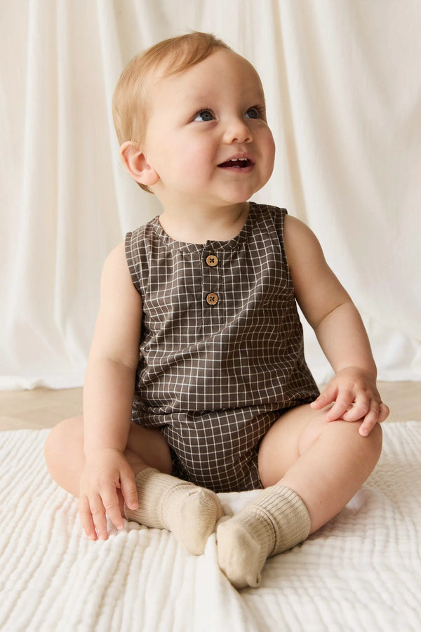 Organic Cotton Archie Playsuit - Coffee Grid - Jamie Kay