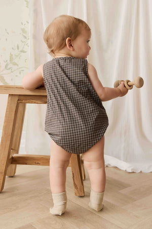 Organic Cotton Archie Playsuit - Coffee Grid - Jamie Kay