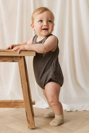Organic Cotton Archie Playsuit - Coffee Grid - Jamie Kay