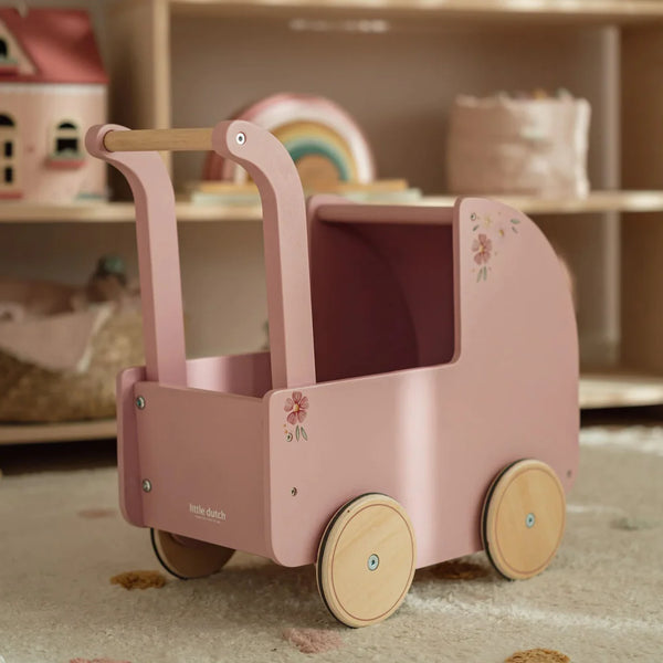 Wooden Doll Pram with Textiles - Pink - Little Dutch