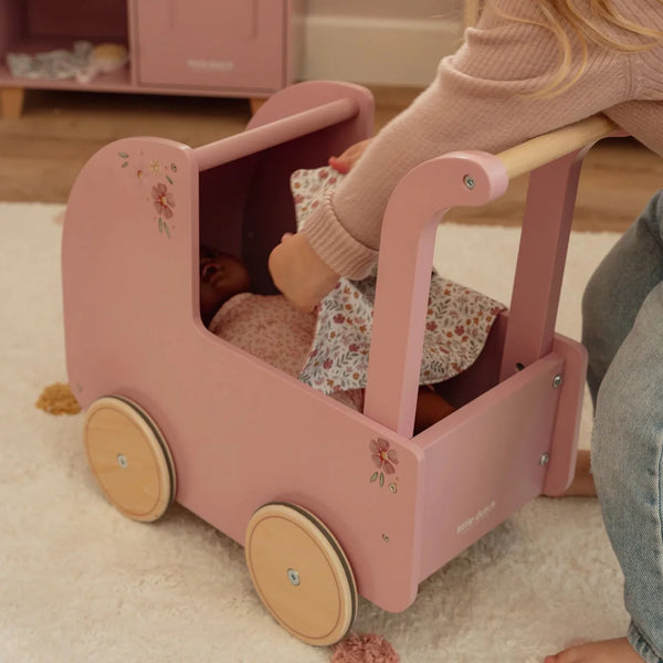 Wooden Doll Pram with Textiles - Pink - Little Dutch