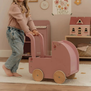 Wooden Doll Pram with Textiles - Pink - Little Dutch