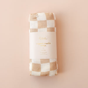 Caramel Check Organic Muslin Wrap Swaddle - Fox and Fallow