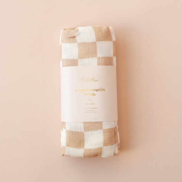 Caramel Check Organic Muslin Wrap Swaddle - Fox and Fallow
