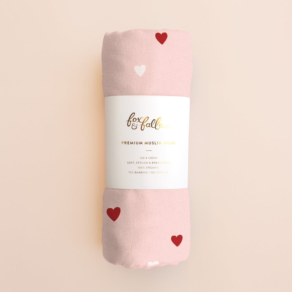 Little Hearts Muslin Wrap Swaddle - Fox & Fallow