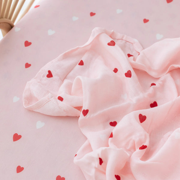 Little Hearts Muslin Wrap Swaddle - Fox & Fallow