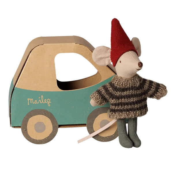 Christmas Mouse Little Brother in Car Box - Maileg