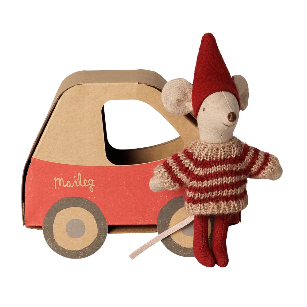 Christmas Mouse Little Sister in Car Box - Maileg