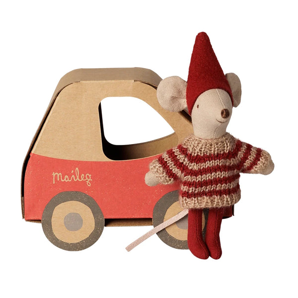 Christmas Mouse Little Sister in Car Box - Maileg