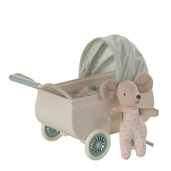 Pram with Baby Mouse Mint - Maileg