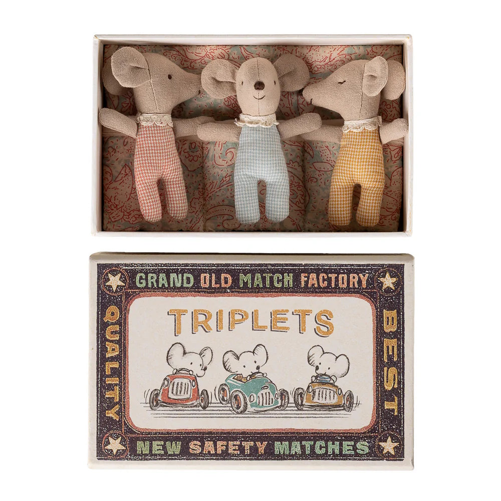 Triplets Baby Mice in Matchbox Checker - Maileg
