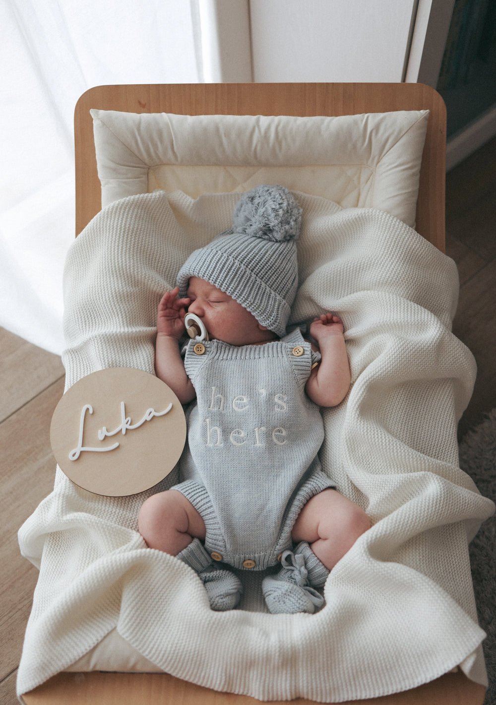 He's here - Mini Knit Romper - Powder Blue - Blossom & Pear