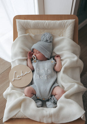He's here - Mini Knit Romper - Powder Blue - Blossom & Pear