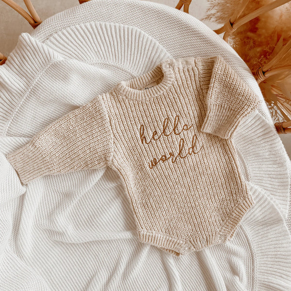 'Hello World' Chunky Knit Romper - Honey - Blossom & Pear