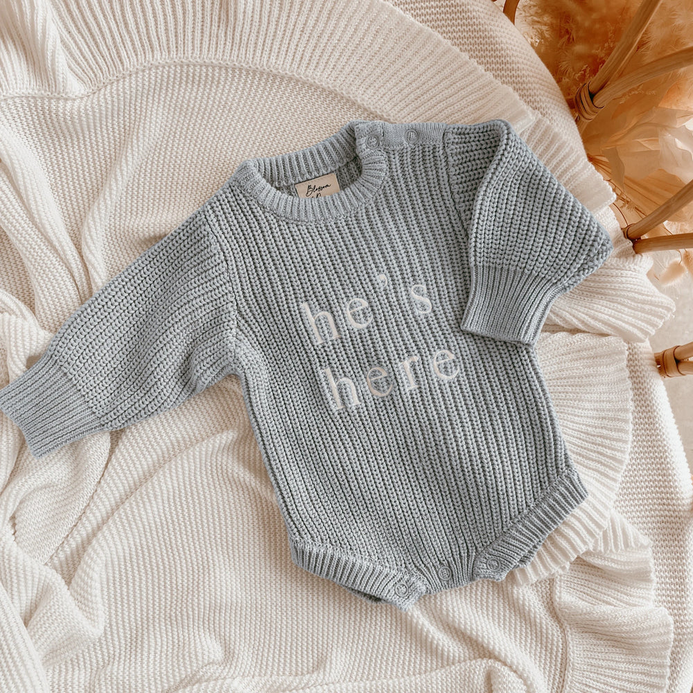 He's here - Long Sleeve Knit Romper - Powder Blue - Blossom & Pear
