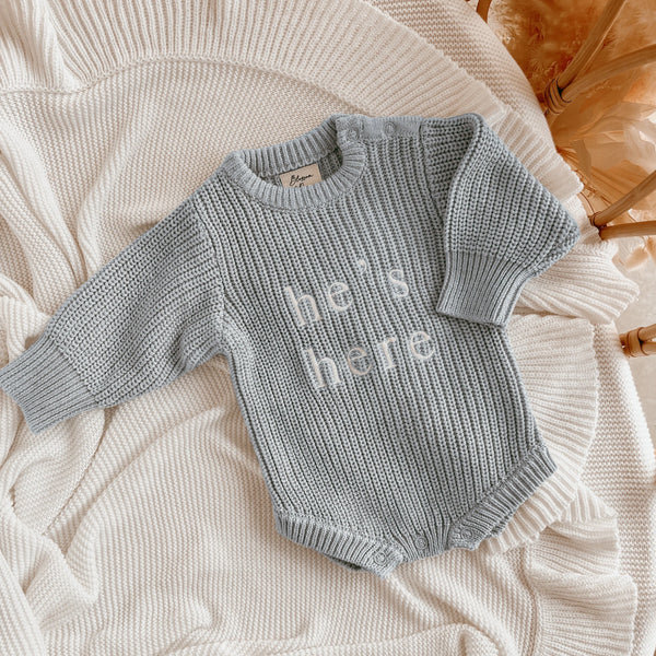 He's here - Long Sleeve Knit Romper - Powder Blue - Blossom & Pear