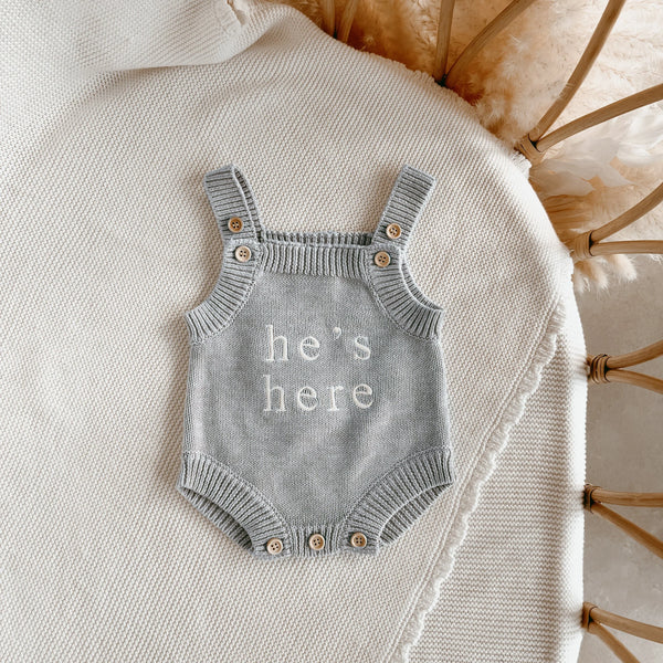He's here - Mini Knit Romper - Powder Blue - Blossom & Pear