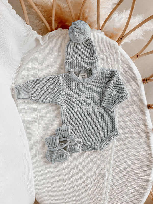 He's here - Long Sleeve Knit Romper - Powder Blue - Blossom & Pear