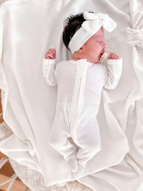 My First Outfit - Flutter Bum Footed Overalls & Topknot Set - Powder White - 3 Little Crowns