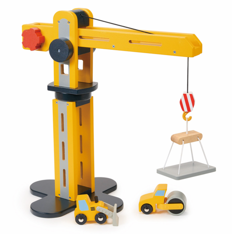 Big Yellow Crane + Vehicles - Wooden Toy - Mentari
