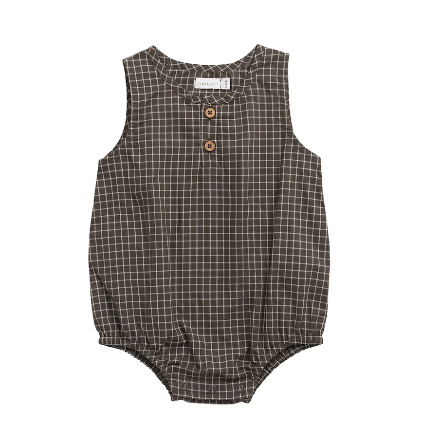 Organic Cotton Archie Playsuit - Coffee Grid - Jamie Kay