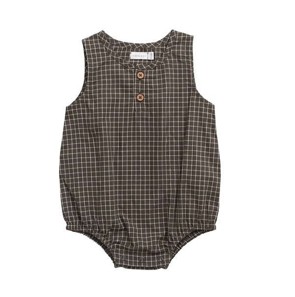 Organic Cotton Archie Playsuit - Coffee Grid - Jamie Kay