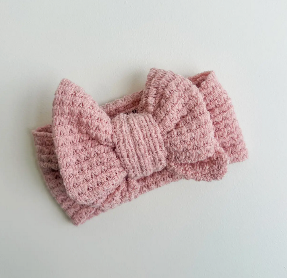 Waffle Knit Bow Headband - Dusty Pink - Petite & Co