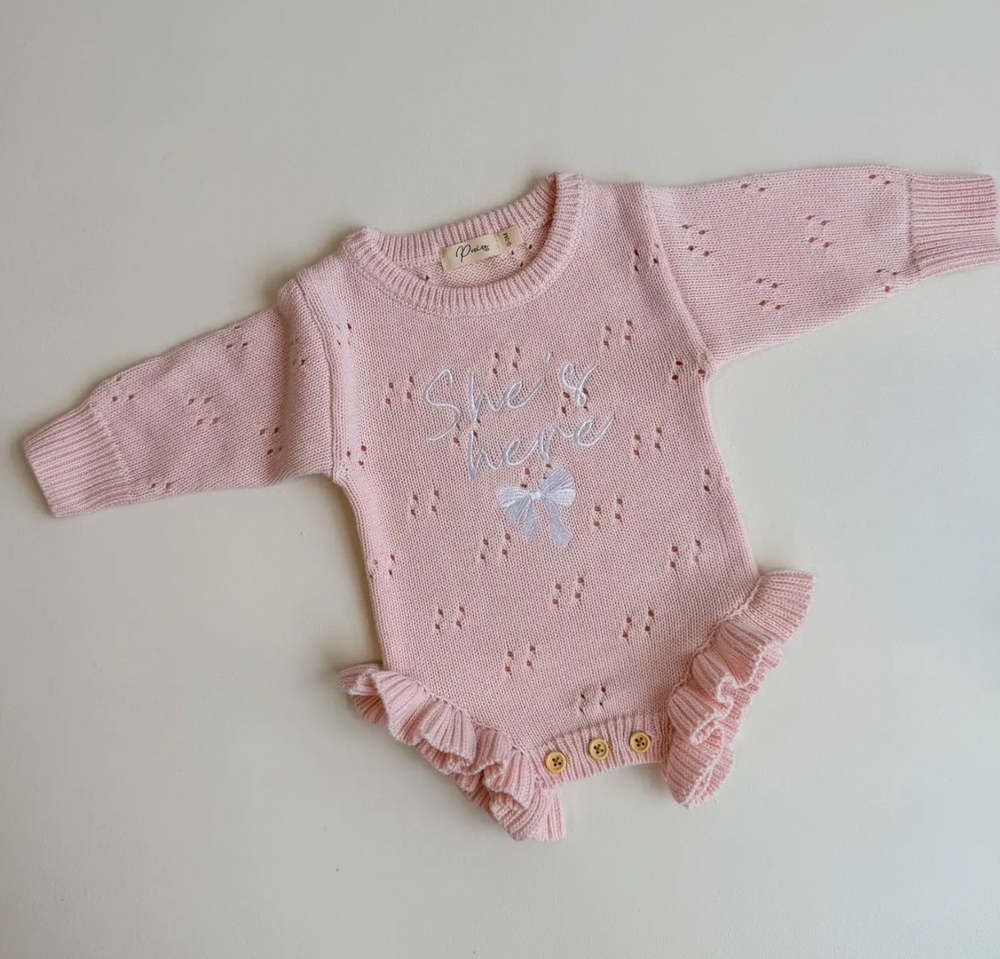 She's Here Bow - Pointelle Frill Romper | Baby Pink - Petite & Co