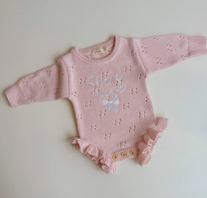 She's Here Bow - Pointelle Frill Romper | Baby Pink - Petite & Co