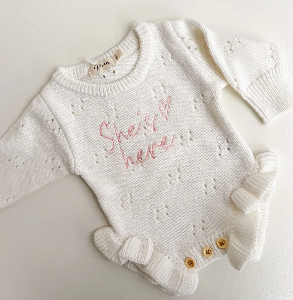 She's Here Heart - Pointelle Romper | Milk - Petite & Co