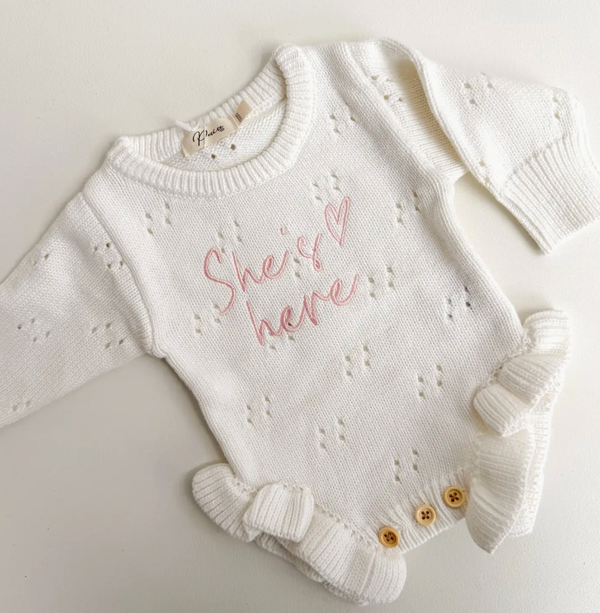 She's Here Heart - Pointelle Romper | Milk - Petite & Co
