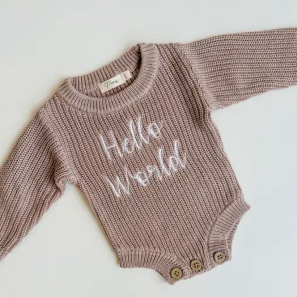Hello World - Ribbed Knit Romper | Teddy Brown - Petite & Co