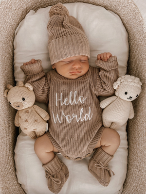 Hello World - Ribbed Knit Romper | Teddy Brown - Petite & Co