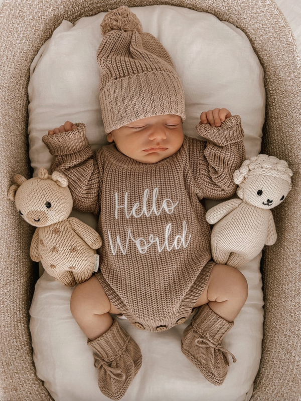 Hello World - Ribbed Knit Romper | Teddy Brown - Petite & Co