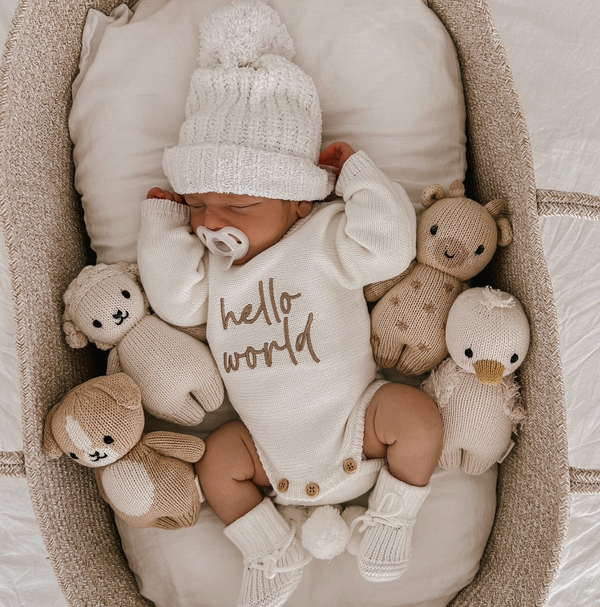 Hello World - Long Sleeves - Classic Birth Announcement Romper | Milk - Petite & Co